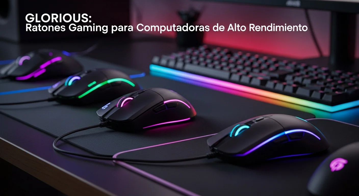 Una composición de varios ratones Glorious, incluyendo el Model O y el Model D, sobre un escritorio de computadora gaming iluminado con luces RGB