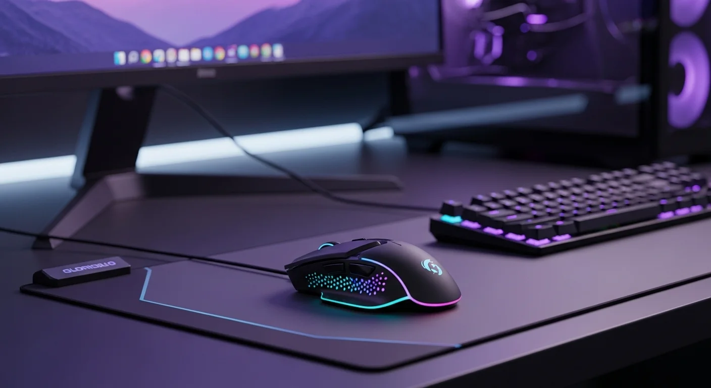 Imagen principal mostrando un setup de computadoras con un mouse Glorious Model O iluminado en una alfombrilla de juego, destacando su diseño y estética.