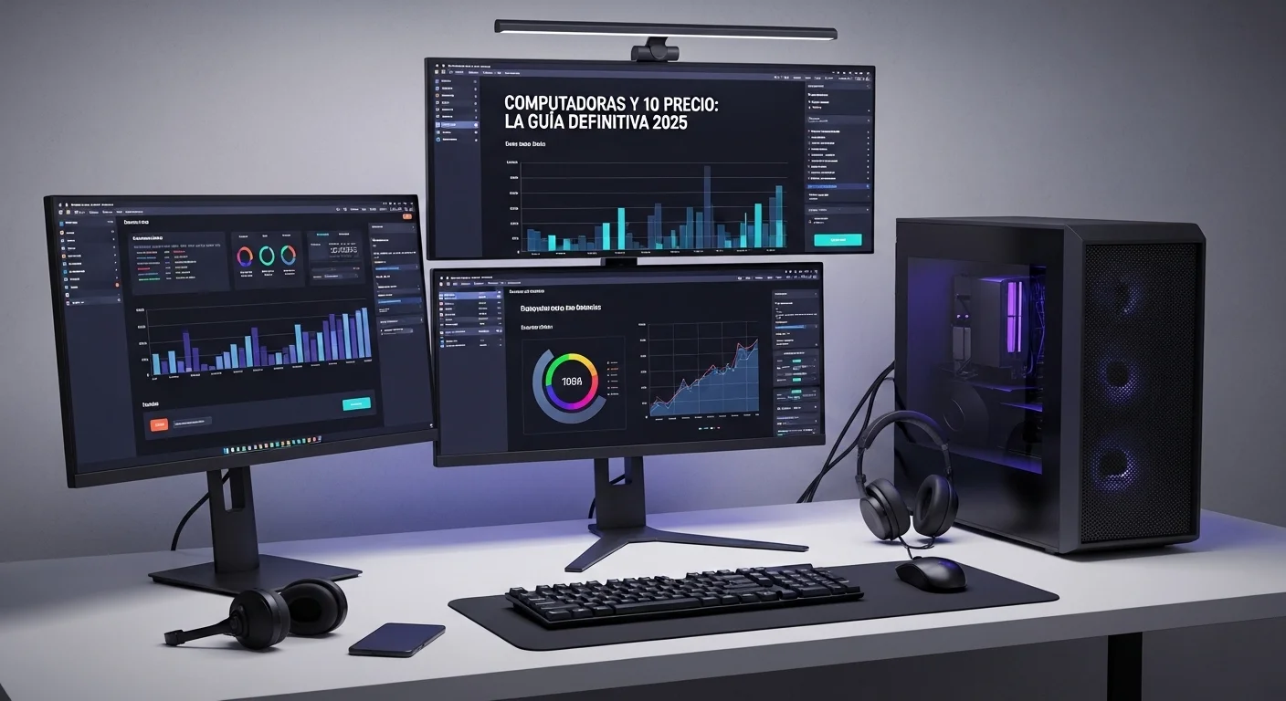 Una configuración de escritorio moderna con múltiples monitores mostrando gráficos de datos, representando la guía 10 Precio para computadoras y tecnología.