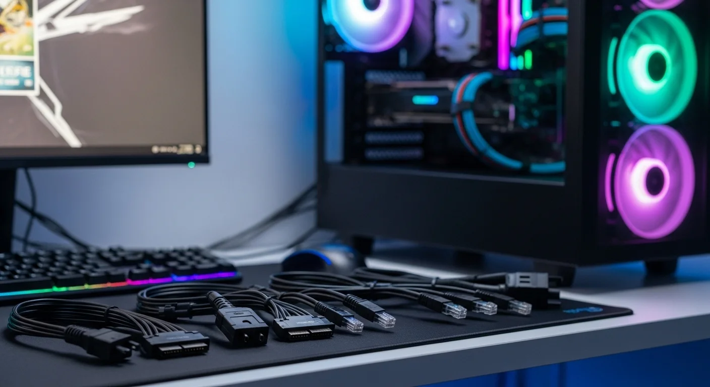 Una variedad de cables pc, incluyendo cables de alimentación, SATA, y Ethernet, ordenados sobre una superficie de trabajo junto a una computadora.