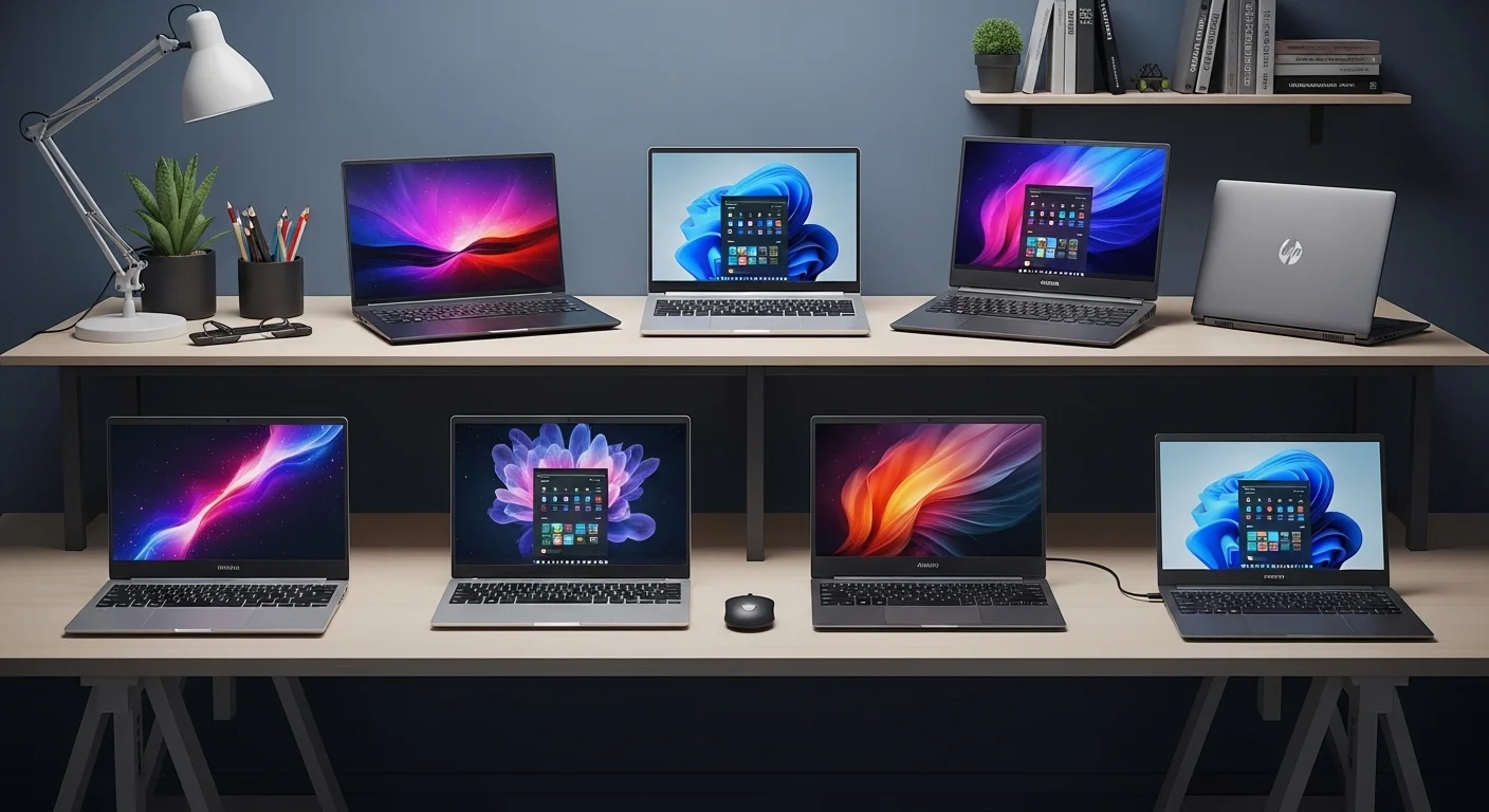 Una selección de modernas computadoras laptop de diferentes marcas sobre un escritorio de trabajo tecnológico.