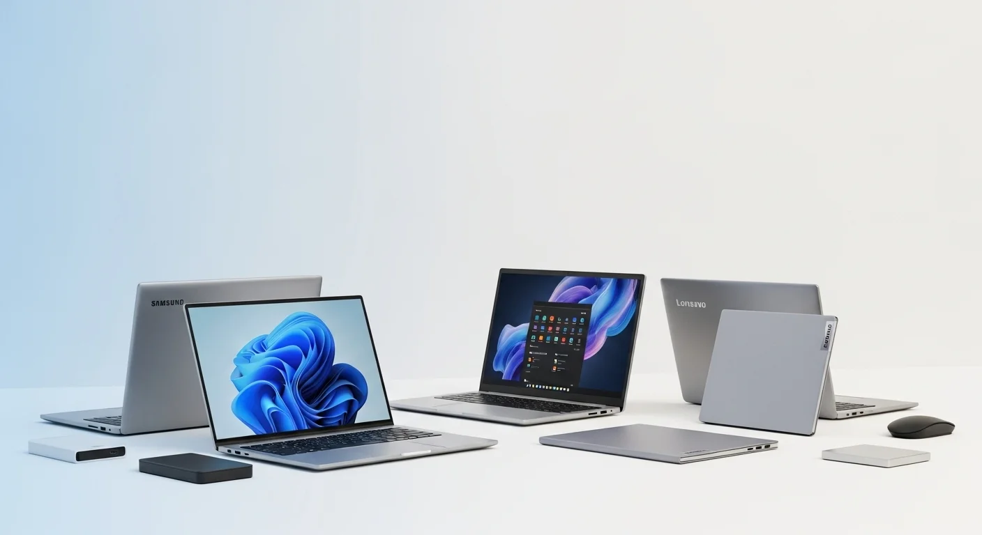 Una selección de computadoras y notebooks modernas, incluyendo una Samsung Notebook y una Lenovo Notebook, sobre un escritorio de trabajo tecnológico.