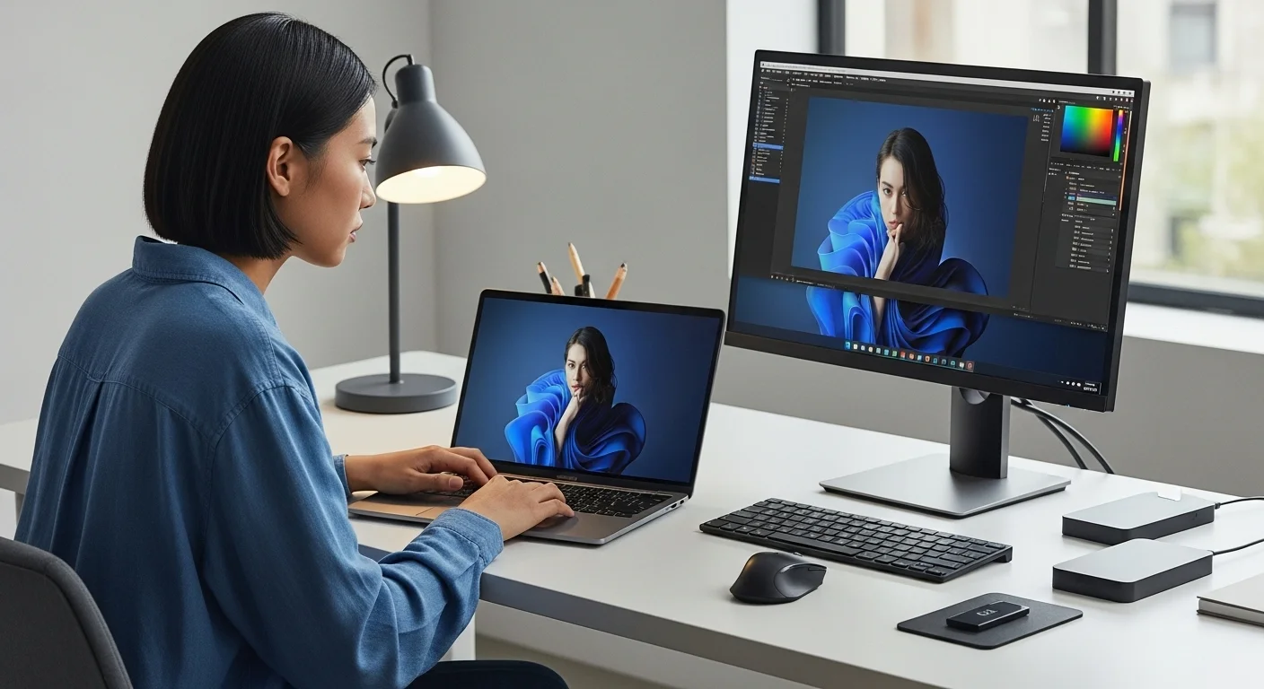 Una persona trabajando en una laptop reacondicionada en un escritorio moderno junto a un monitor y otros accesorios tecnológicos.