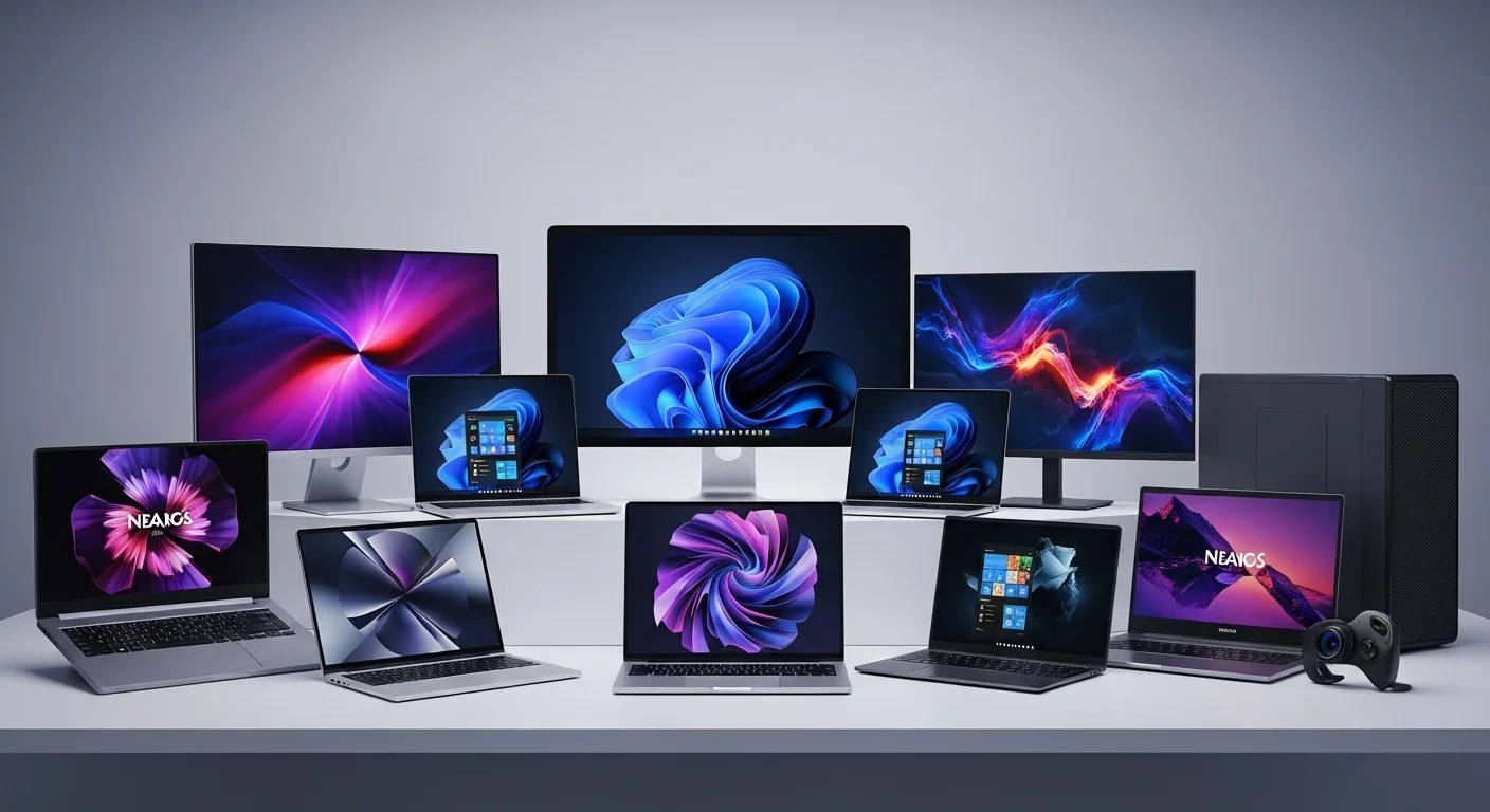 Una selección de computadoras y laptops modernas en un escritorio de trabajo, mostrando diversidad de marcas y modelos.