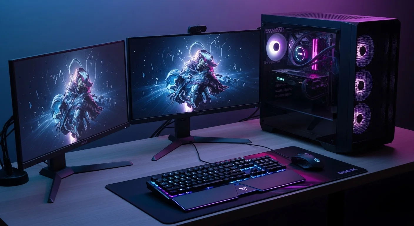 Un moderno setup de ordenador gamer con múltiples pantallas e iluminación RGB, mostrando el poder de las computadoras actuales.