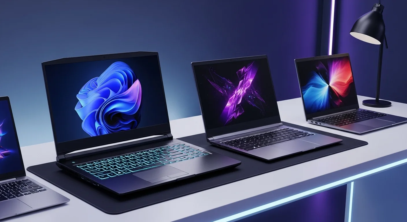 Una selección de computadoras portátiles modernas, incluyendo un portátil gaming iluminado y un ultrabook elegante, sobre un escritorio tecnológico.