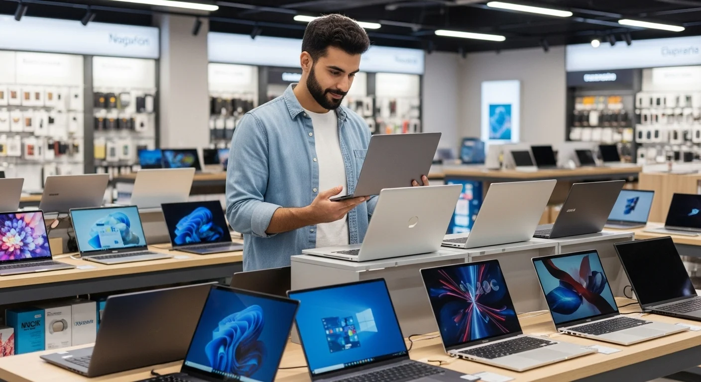 Una persona eligiendo entre varias computadoras laptop de diferentes marcas y precios en una tienda de tecnología.