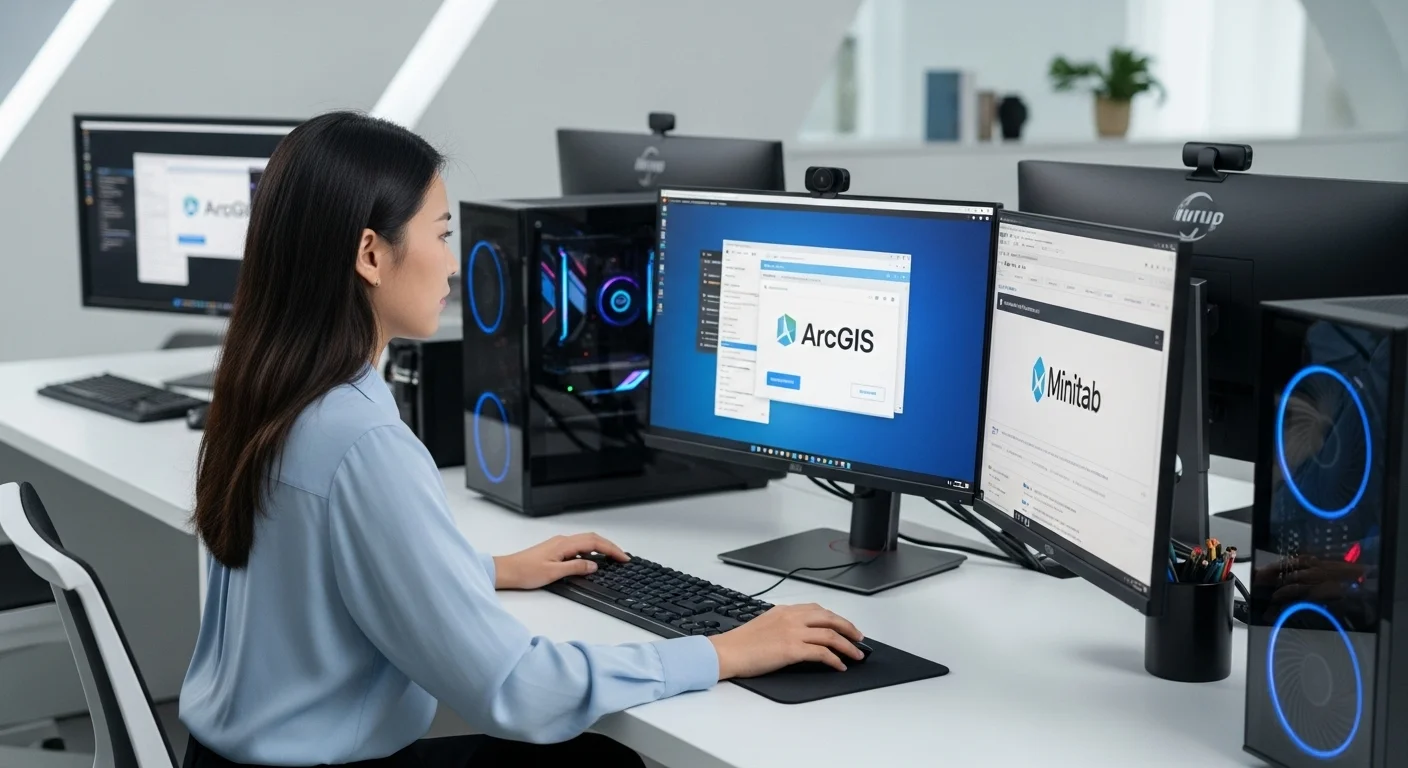 Una persona sentada frente a varias computadoras, descargando e instalando software profesional como ArcGIS y Minitab en un entorno de oficina moderno.
