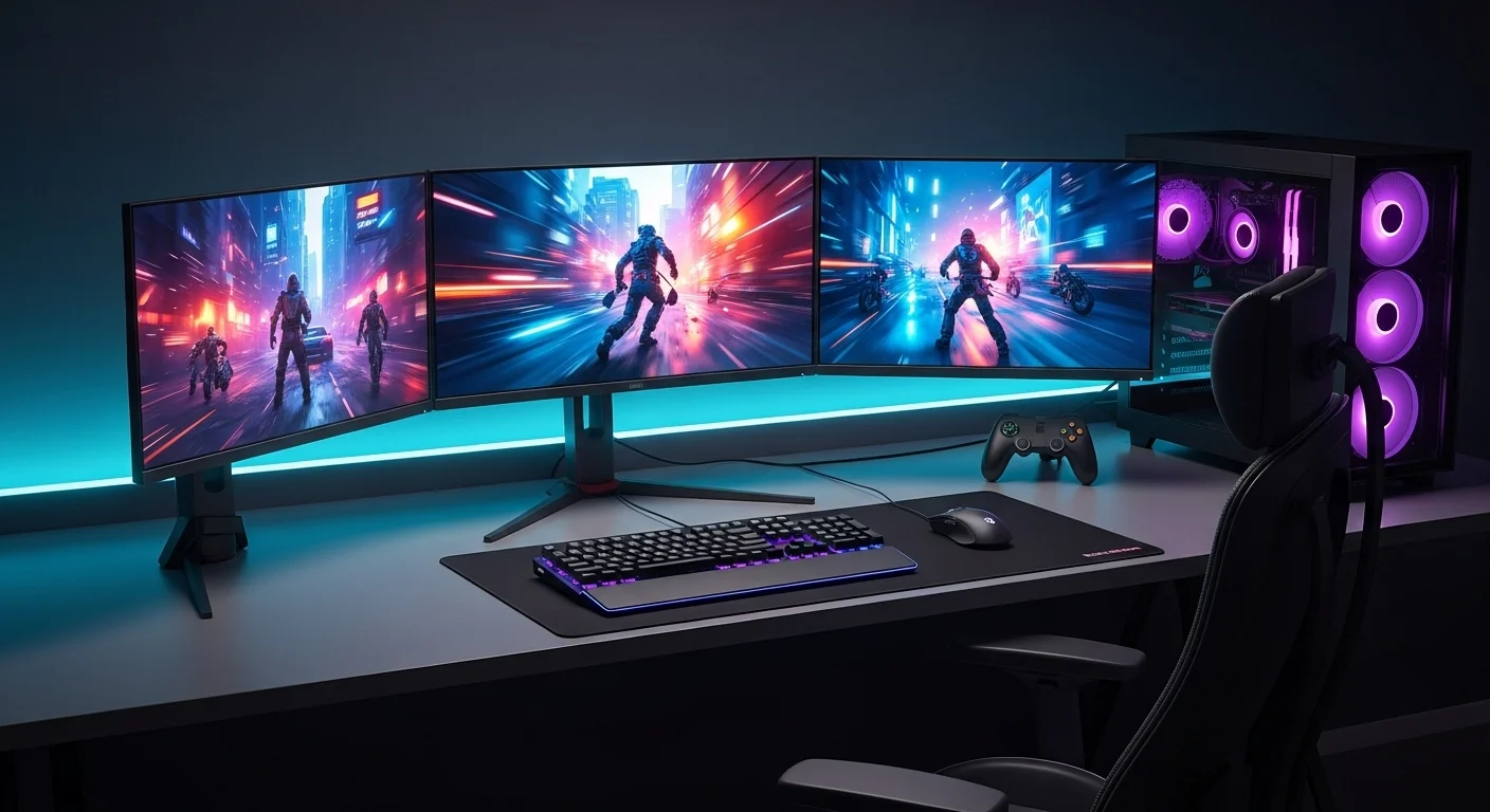 Una configuración de computadora para gaming con múltiples monitores mostrando gráficos de alta velocidad, ilustrando la importancia de un Monitor Hz alto.