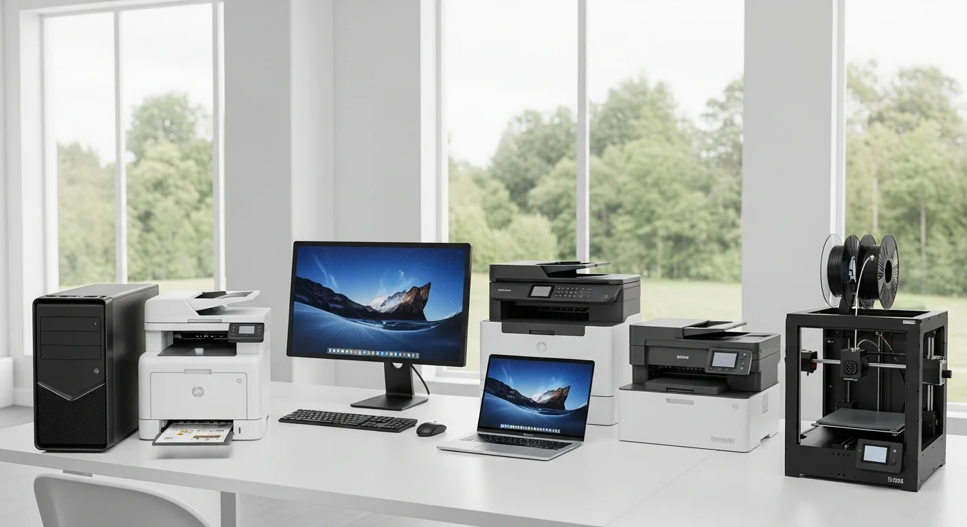 Una selección de diferentes tipos de impresoras junto a computadoras modernas en un entorno de oficina y hogar.