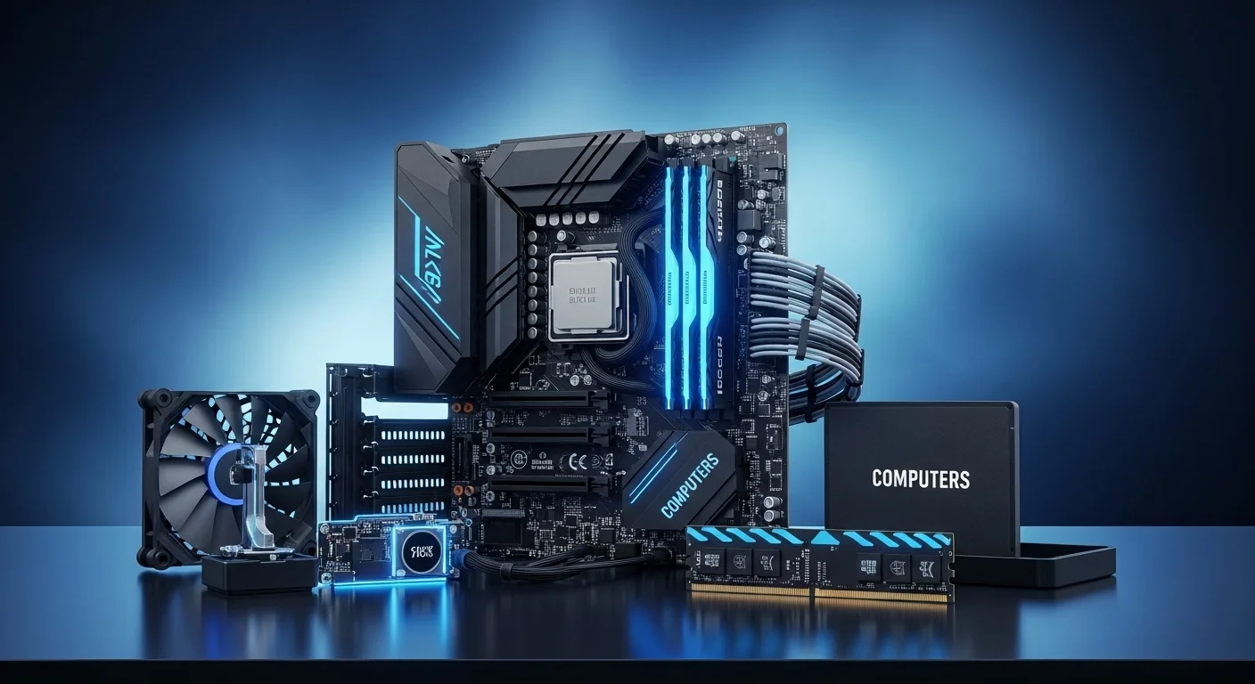 Componentes de una pc de escritorio moderna, incluyendo CPU, GPU y RAM sobre una mesa.