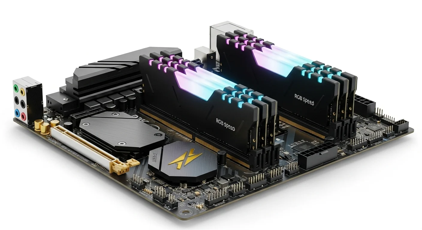 Módulos de memoria Ram Pc de alta velocidad con iluminación RGB, instalados en la placa base de una computadora moderna, simbolizando el rendimiento tecnológico.