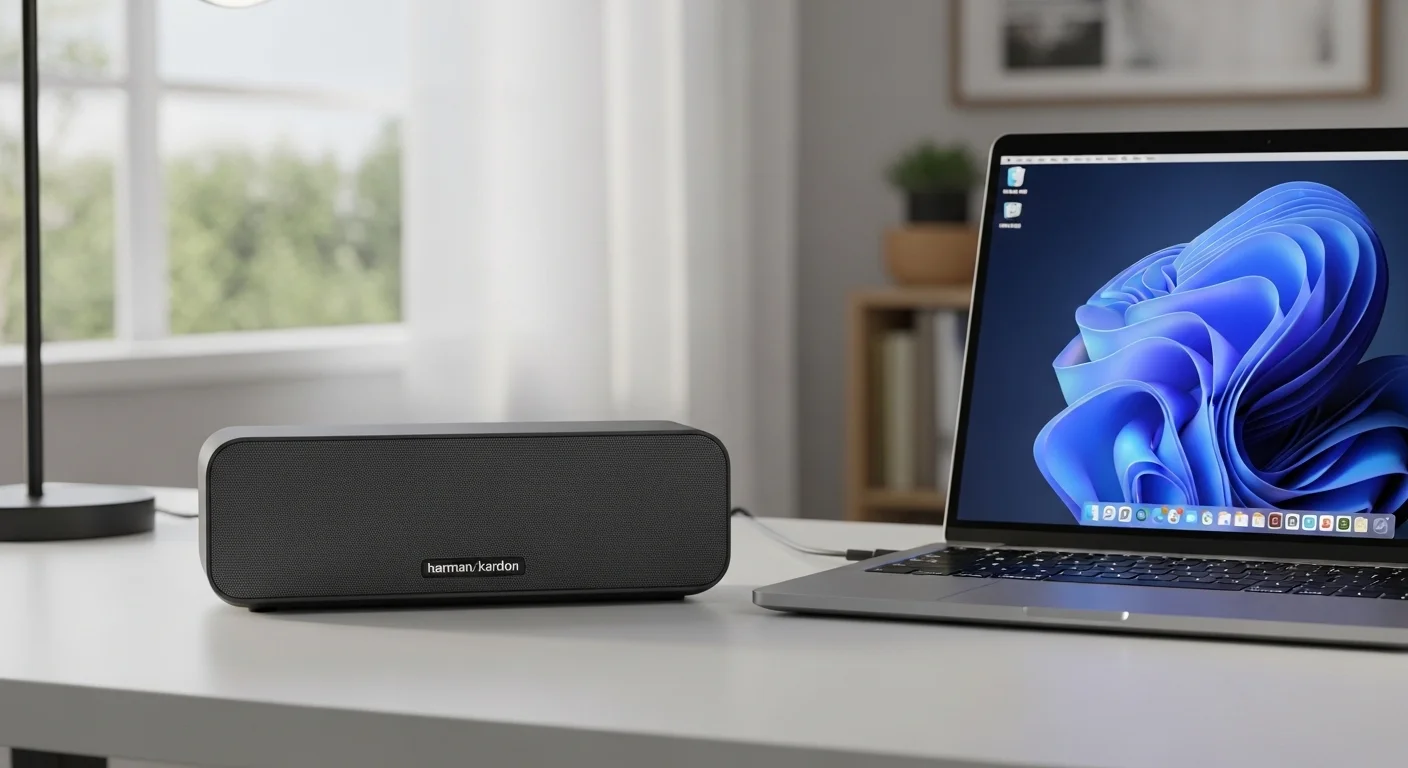 Bocina Harman Kardon Onyx Studio 7 en un escritorio moderno junto a una computadora portátil, mostrando su elegante diseño.