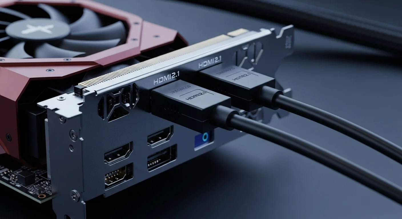 Primer plano de cables y puertos HDMI 2.1 conectados a la tarjeta gráfica de una computadora de alto rendimiento.