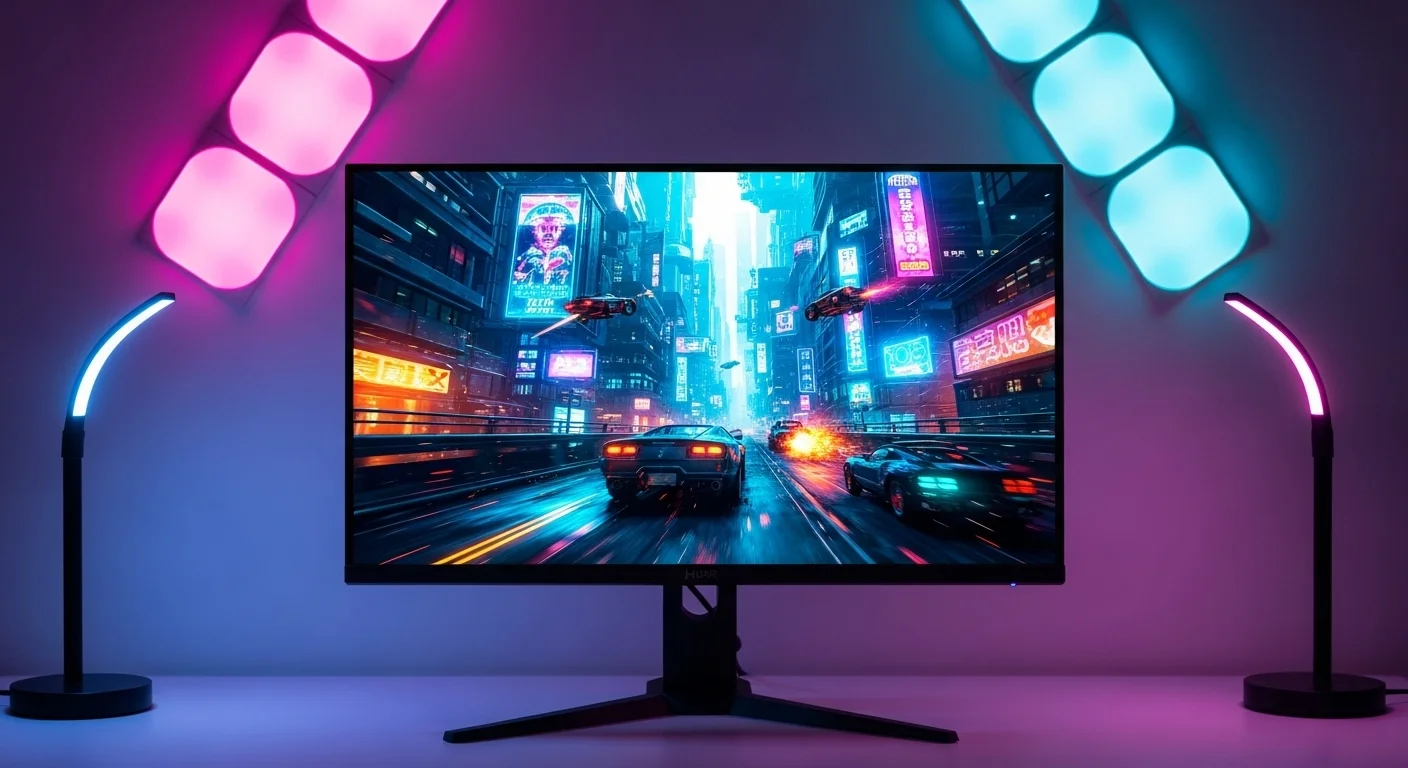 Monitor HDR para computadoras mostrando un videojuego con colores vibrantes y alto contraste