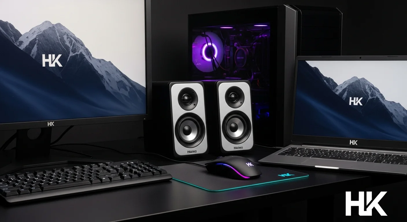 Un escritorio moderno con computadoras, mostrando bocinas Hk de diseño y un ratón HK Gaming iluminado, simbolizando un ecosistema tecnológico completo.