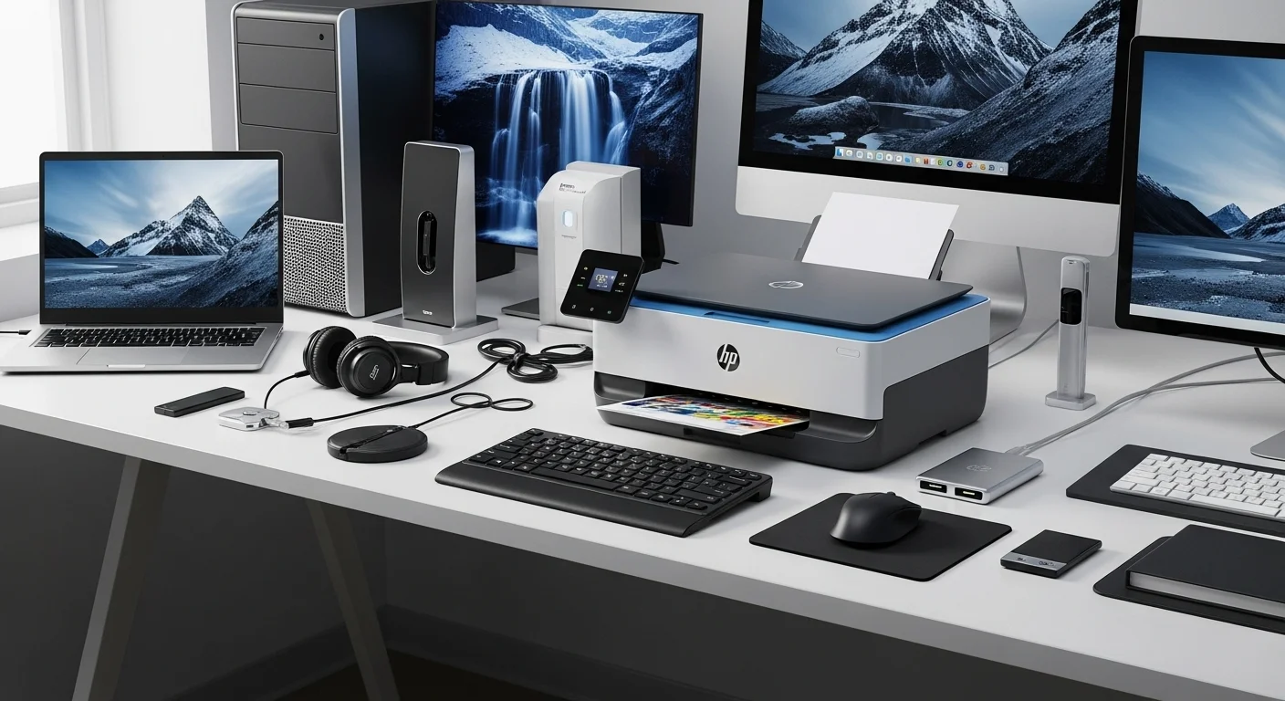 La impresora 107w Hp Impresor en un escritorio moderno junto a varias computadoras y accesorios de tecnología.