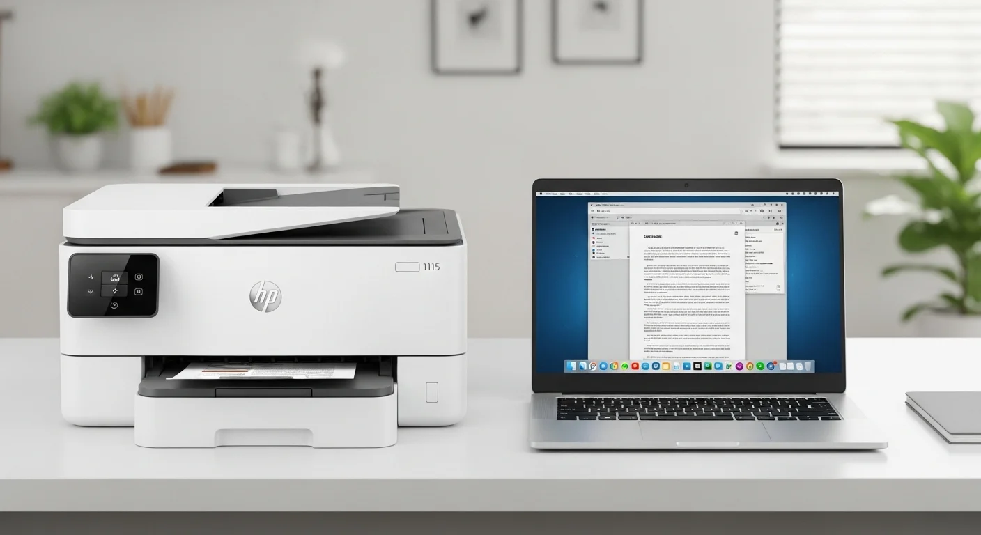 Una impresora HP 1115 blanca sobre un escritorio junto a una laptop moderna, representando la conexión entre computadoras e impresión.