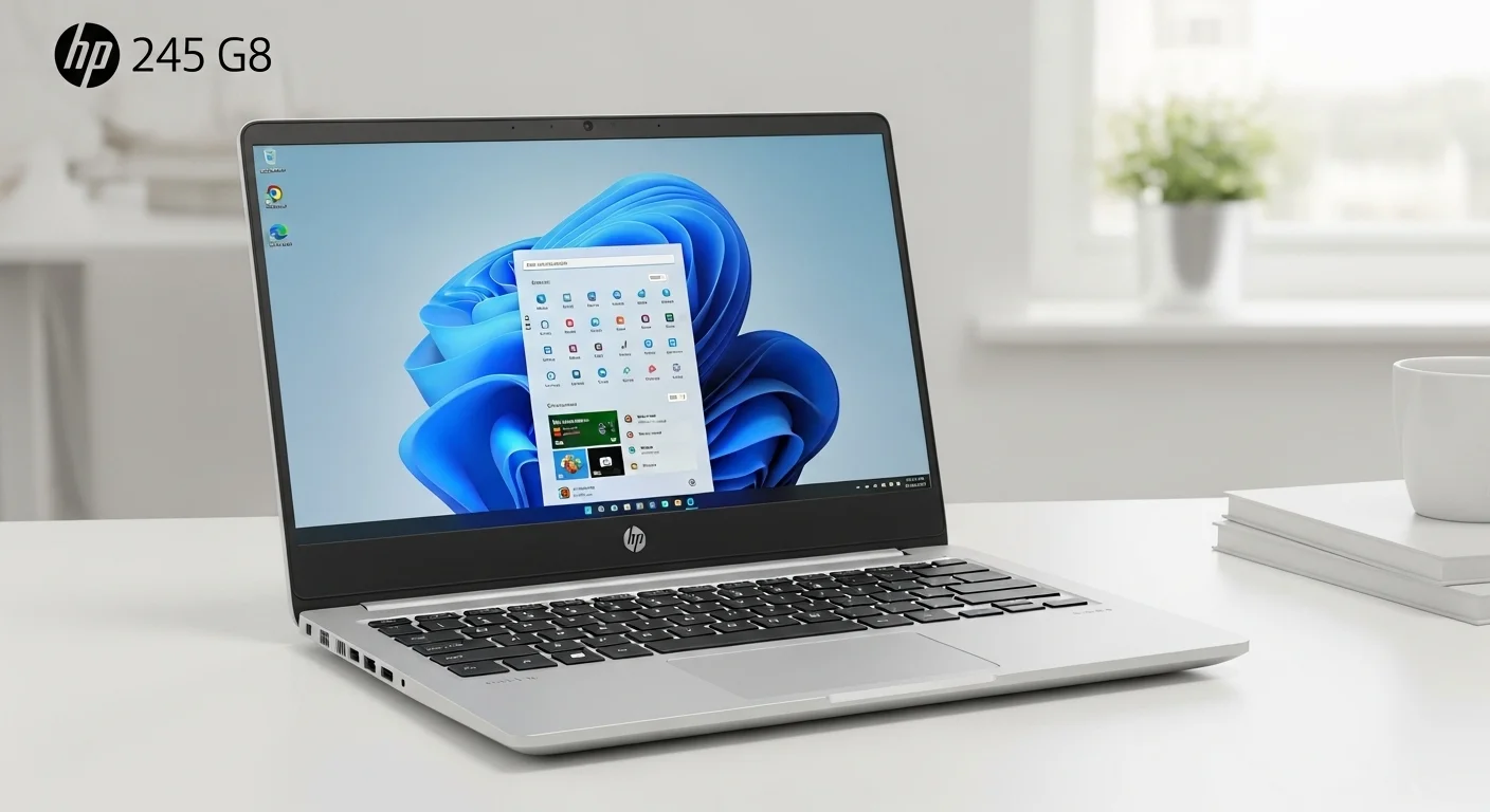 Una laptop HP 245 G8 sobre un escritorio moderno, mostrando su diseño delgado y la pantalla con bordes estrechos, representando las computadoras asequibles y eficientes.