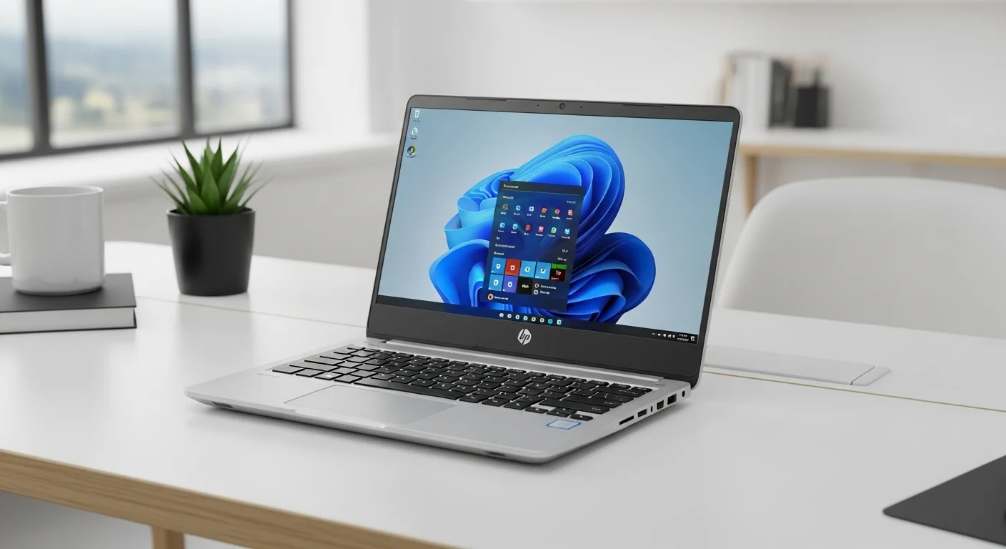 Una computadora portátil HP 255 sobre un escritorio moderno de oficina, mostrando su diseño profesional y robusto.