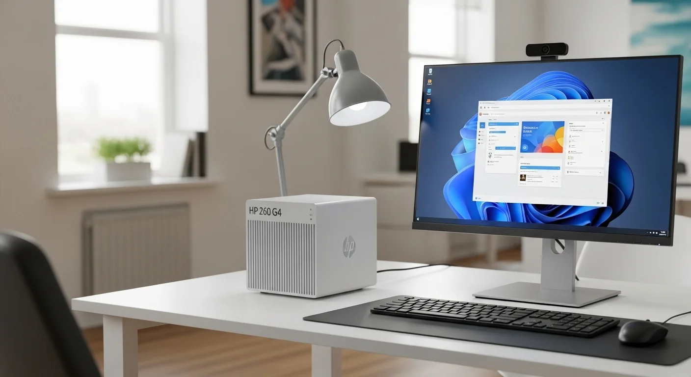 Computadora HP 260 G4 Desktop Mini PC en un escritorio de oficina moderno junto a un monitor y un teclado.