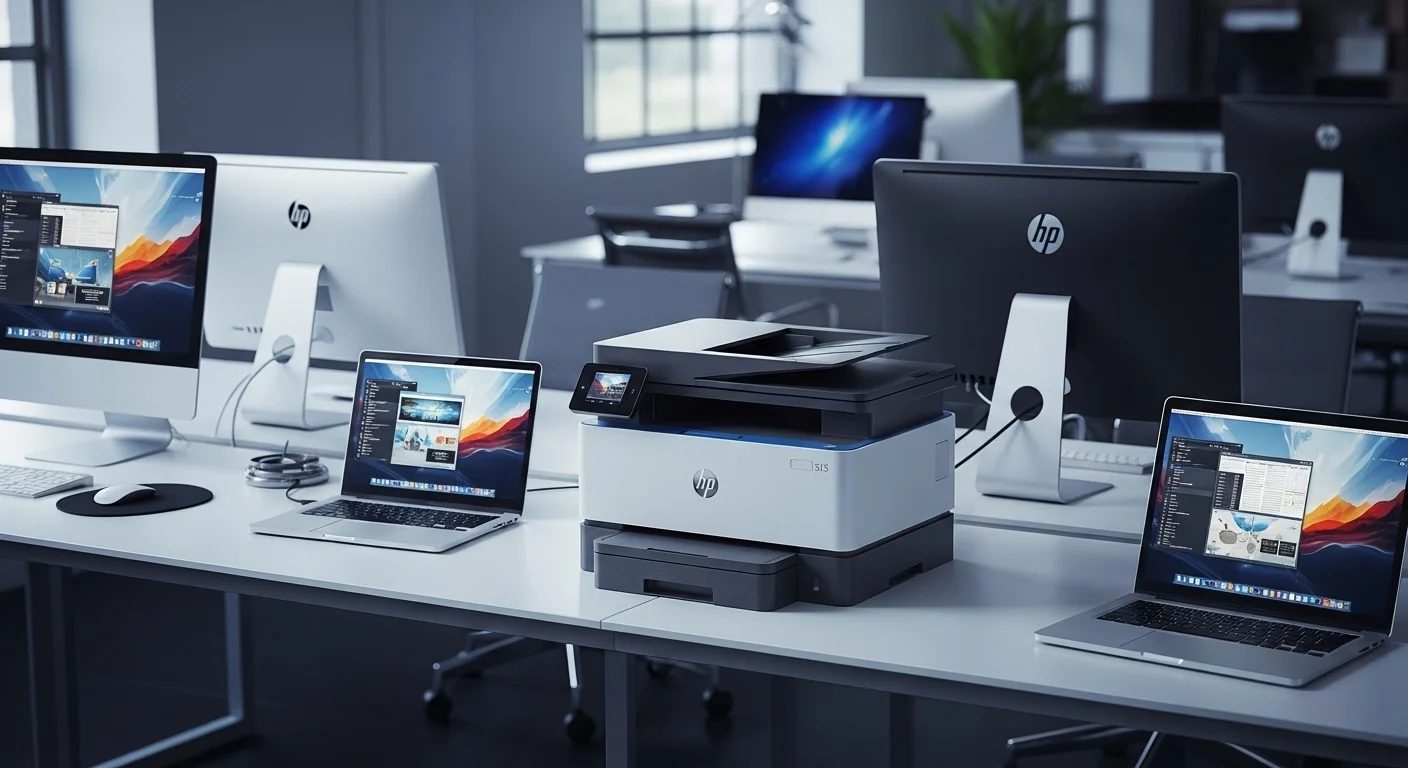 Una impresora HP 315 Impresor en un escritorio moderno junto a varias computadoras y laptops, mostrando un entorno de oficina tecnológico.