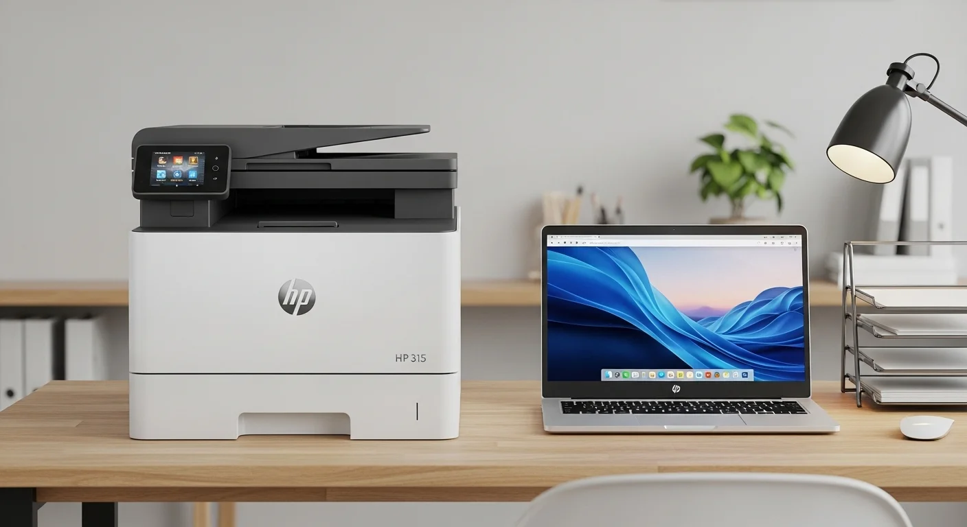 La impresora multifuncional HP 315 en un escritorio moderno junto a una laptop, representando el ecosistema de computadoras y periféricos para oficina.