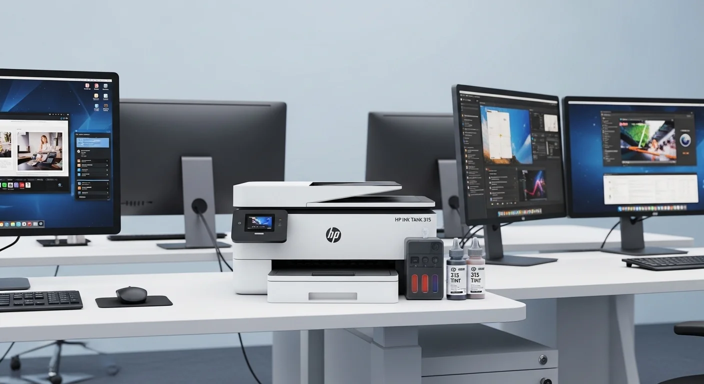 Una impresora HP Ink Tank 315 en un escritorio moderno junto a varias computadoras, mostrando las botellas de Hp 315 Tint y la alta calidad de impresión.