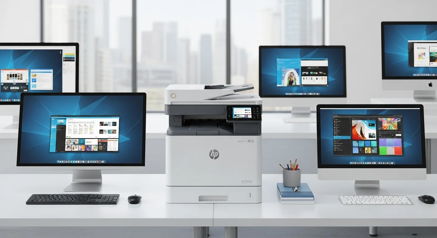 Impresora HP 415 multifuncional en un escritorio moderno junto a varias computadoras, demostrando su conectividad y uso en un entorno de oficina.