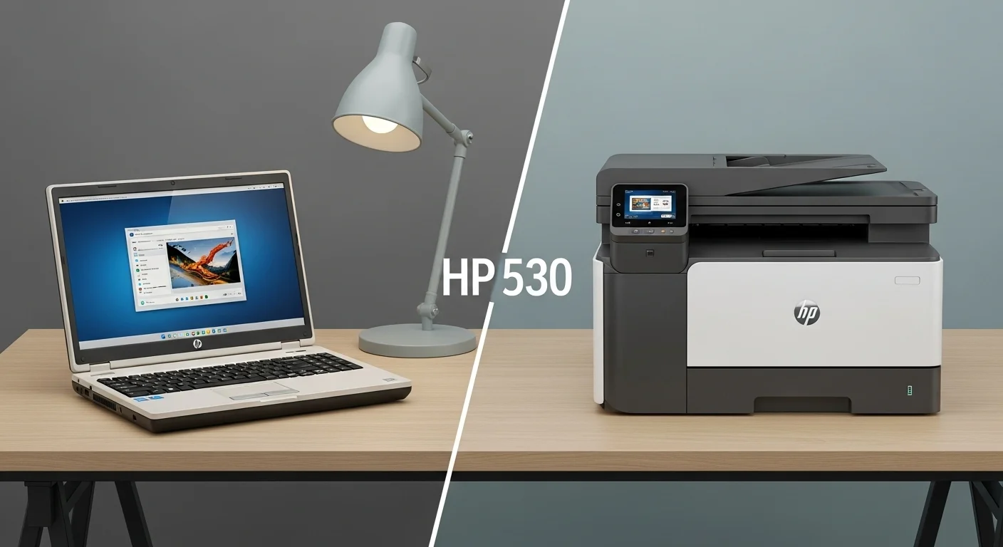 Una composición que muestra la evolución de las computadoras HP, desde una laptop vintage HP 530 a una moderna impresora HP Smart Tank 530 en un escritorio de oficina.