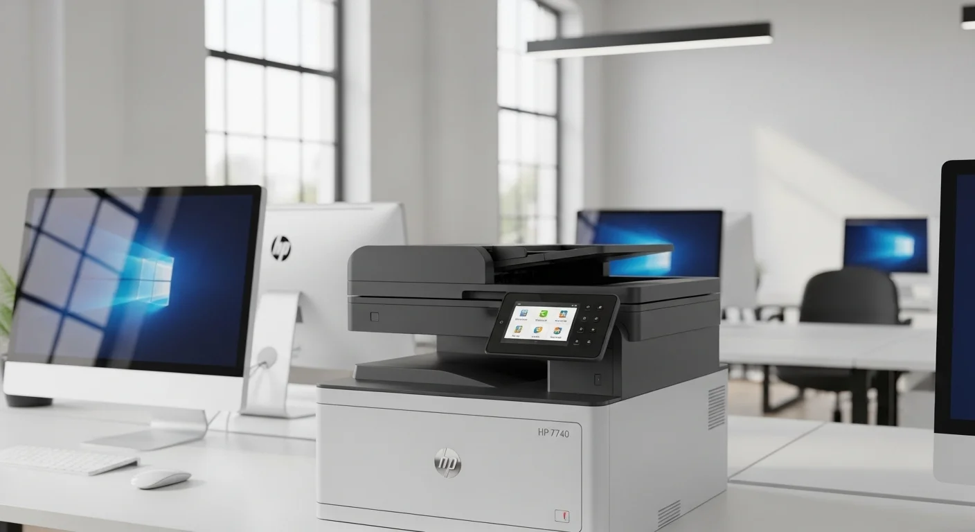 Impresora Hp 7740 en un entorno de oficina moderno junto a varias computadoras, mostrando su capacidad multifuncional y conectividad.