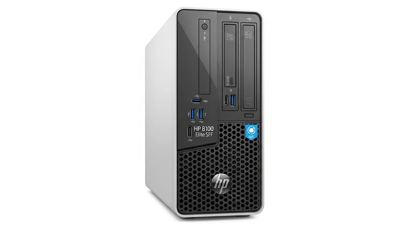 Vista frontal de una computadora de oficina HP 8100 Elite SFF mostrando sus puertos USB y unidades ópticas.