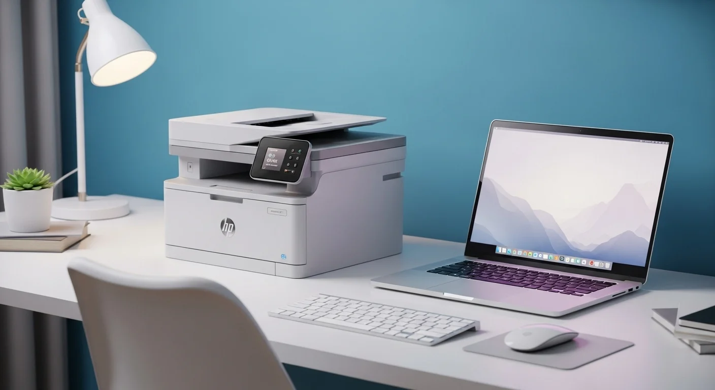 Una impresora multifuncional Hp Advantage 2375 en un escritorio moderno junto a una laptop y otros accesorios de computadoras, mostrando un entorno de oficina en casa.
