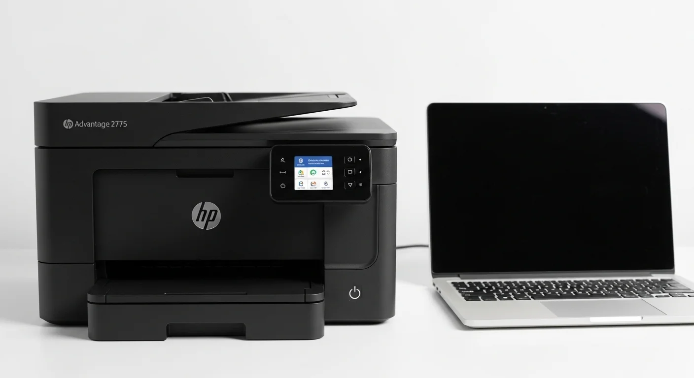 Impresora multifuncional HP Advantage 2775 en un escritorio junto a una computadora portátil, mostrando su diseño compacto para el hogar y la oficina.