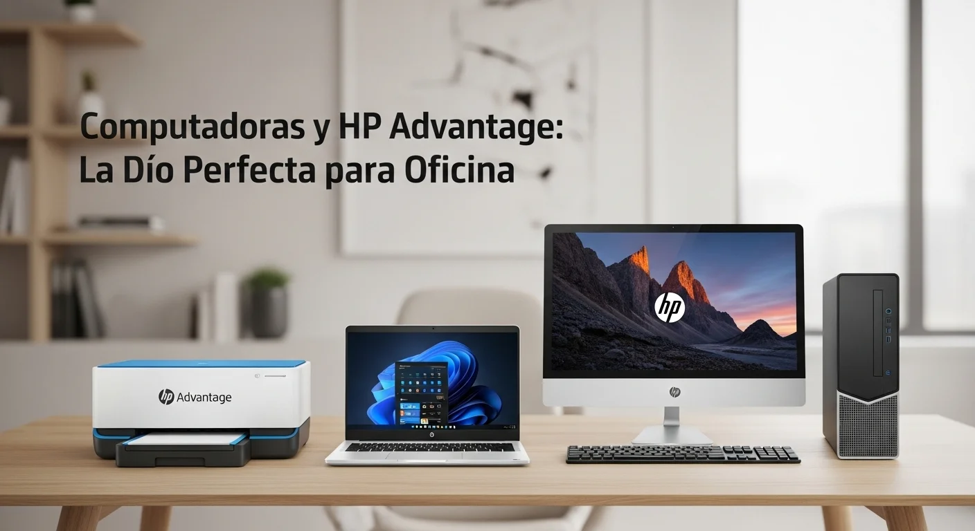 Una impresora HP Advantage junto a una laptop y una computadora de escritorio HP en un entorno de oficina moderno y luminoso.