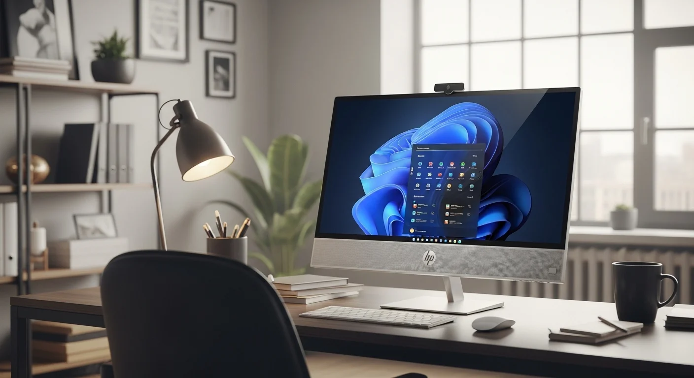 Una computadora HP All in One 27 en un escritorio de oficina moderno y minimalista, mostrando su diseño elegante.