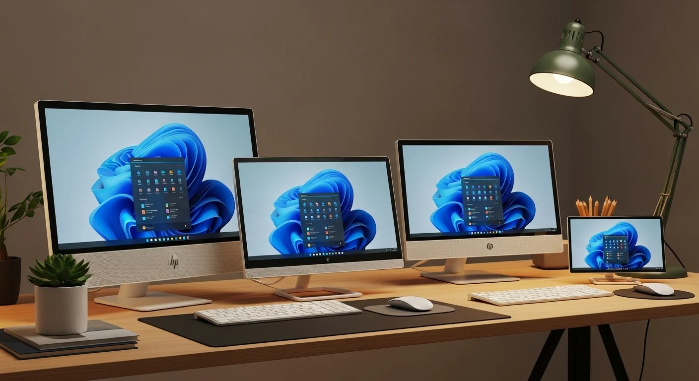 Familia de computadoras Hp All in One mostrando diferentes tamaños y diseños elegantes en un escritorio moderno, resaltando la tecnología y la estética.
