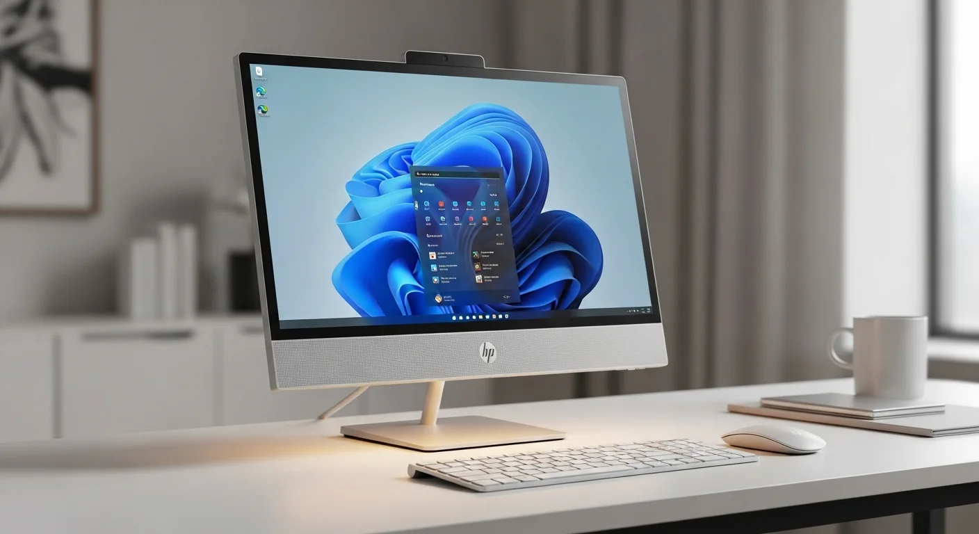 Moderna computadora de escritorio HP All-in-One en un elegante espacio de trabajo con teclado y ratón inalámbricos.