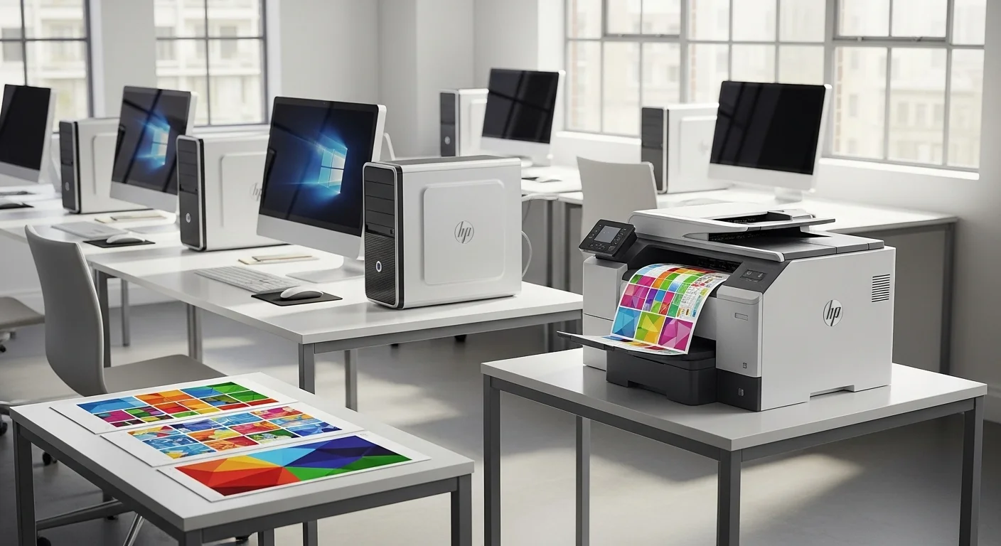 Un moderno espacio de trabajo con computadoras y una impresora Hp Color LaserJet, mostrando documentos coloridos y vibrantes.