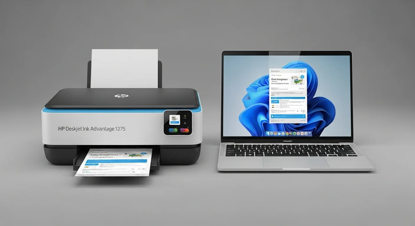 Impresora HP Deskjet Ink Advantage 1275 junto a una laptop moderna, mostrando la conexión entre computadoras e impresión