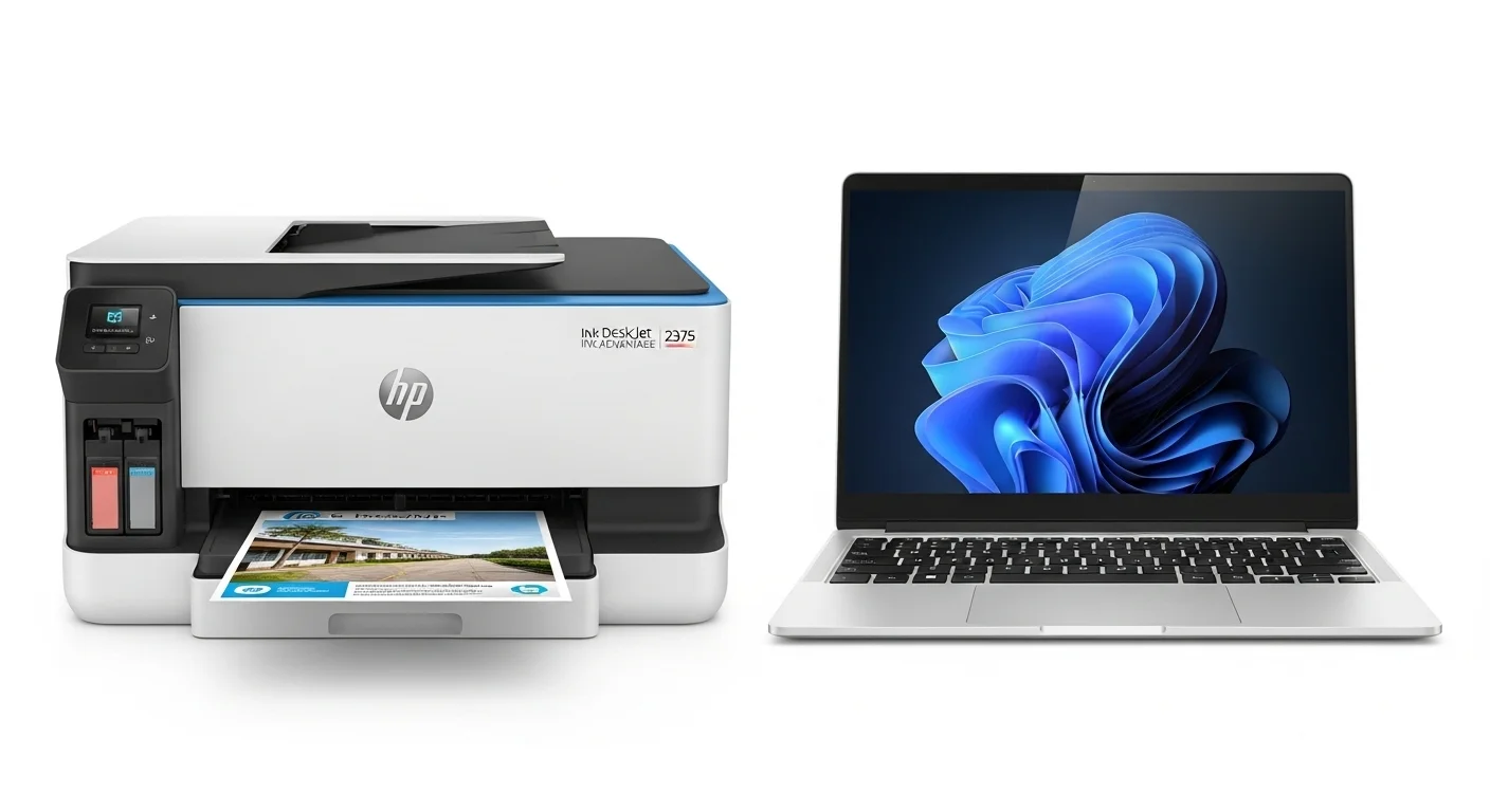 Impresora HP DeskJet Ink Advantage 2375 blanca junto a una laptop moderna, mostrando la perfecta sinergia entre computadoras y periféricos de impresión.