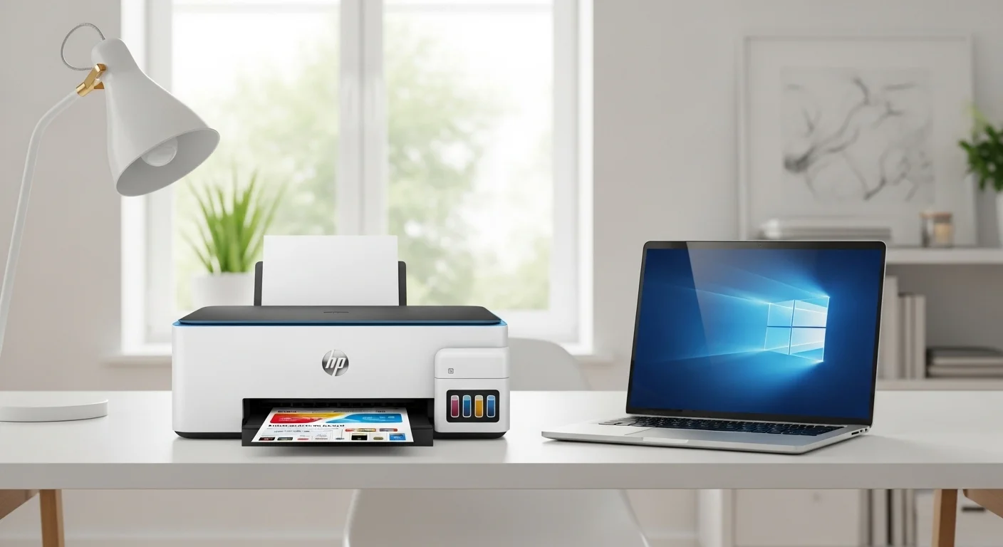 Impresora HP DeskJet Ink Advantage 2775 junto a una computadora portátil, mostrando la sinergia en un entorno de oficina en casa.