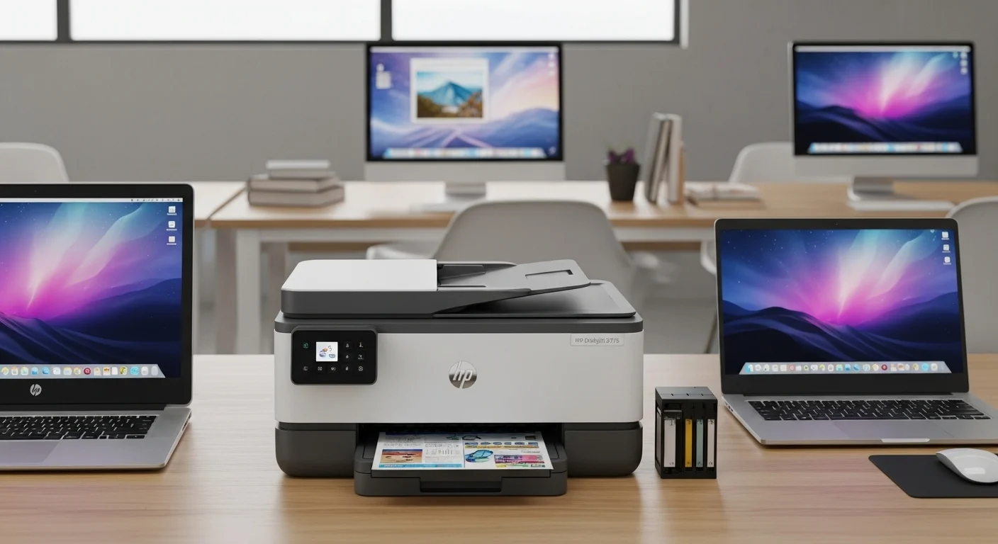 La impresora HP Deskjet 3775 junto a varias computadoras, mostrando su conectividad en un entorno de oficina moderno y tecnológico.