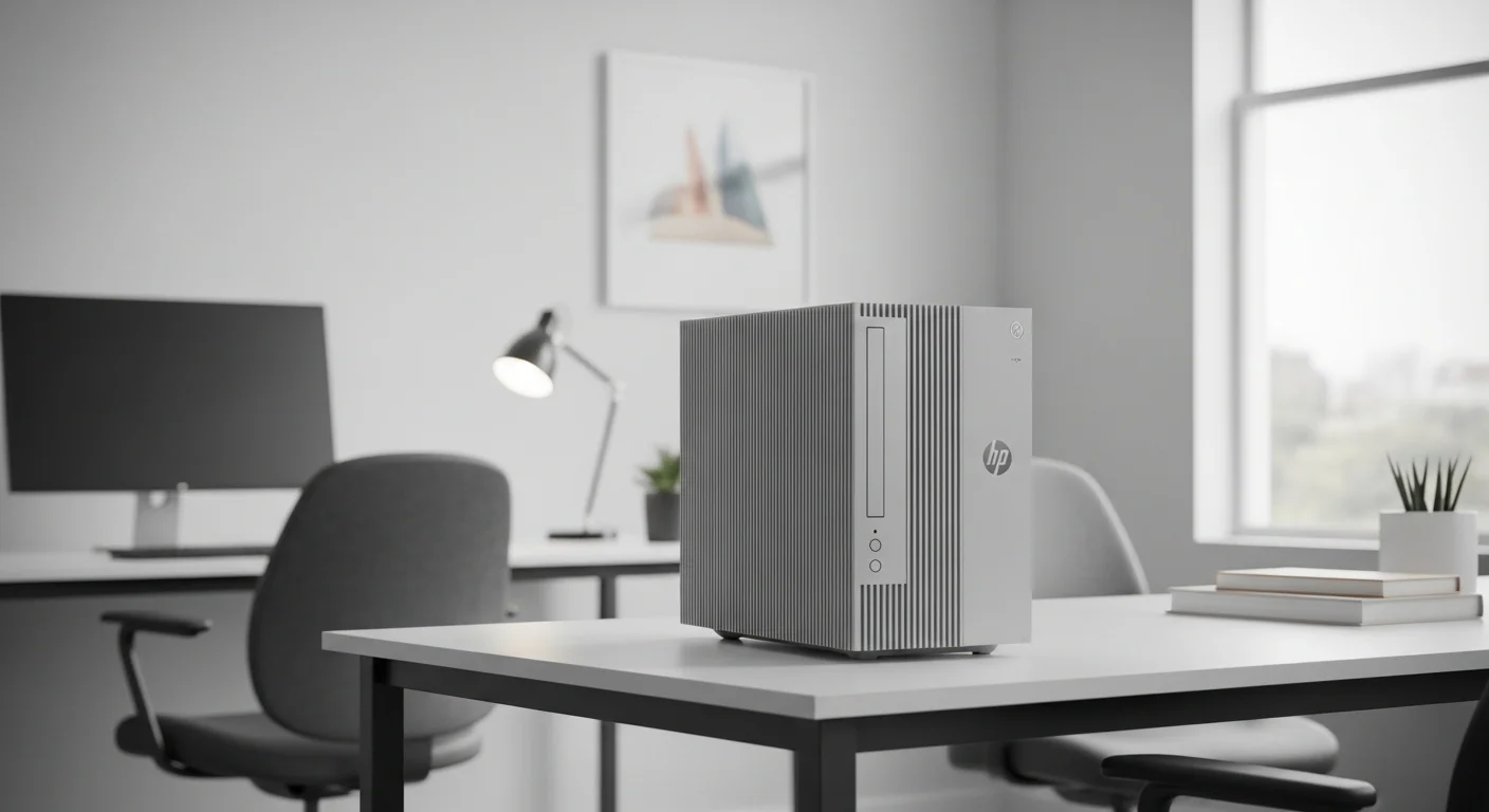 Una computadora de escritorio HP Elite 8200 SFF en un entorno de oficina moderno, destacando su diseño compacto y profesional.