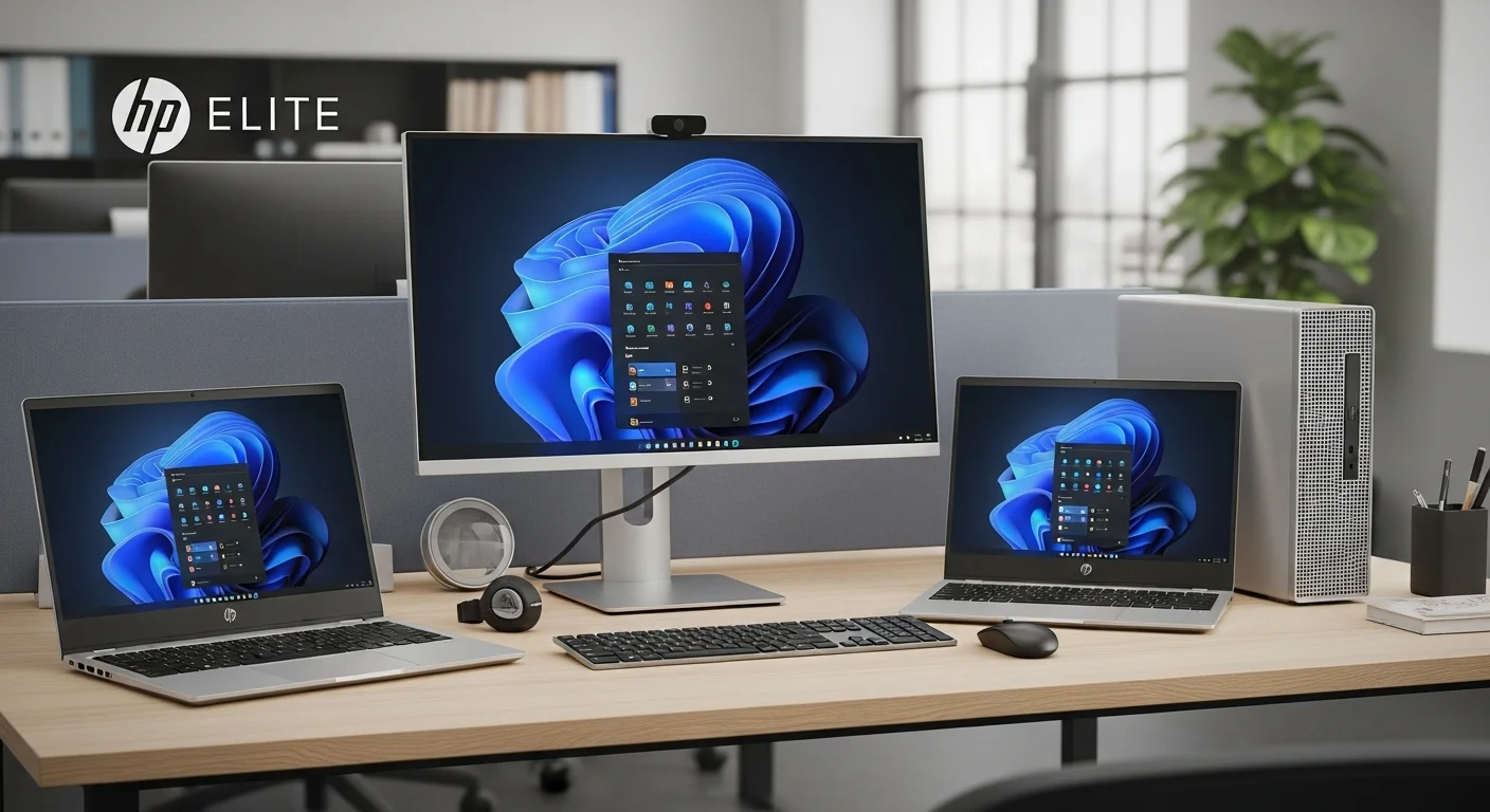 Un conjunto de computadoras y laptops HP Elite, mostrando un EliteBook y un EliteDesk en un entorno de oficina moderno y tecnológico.