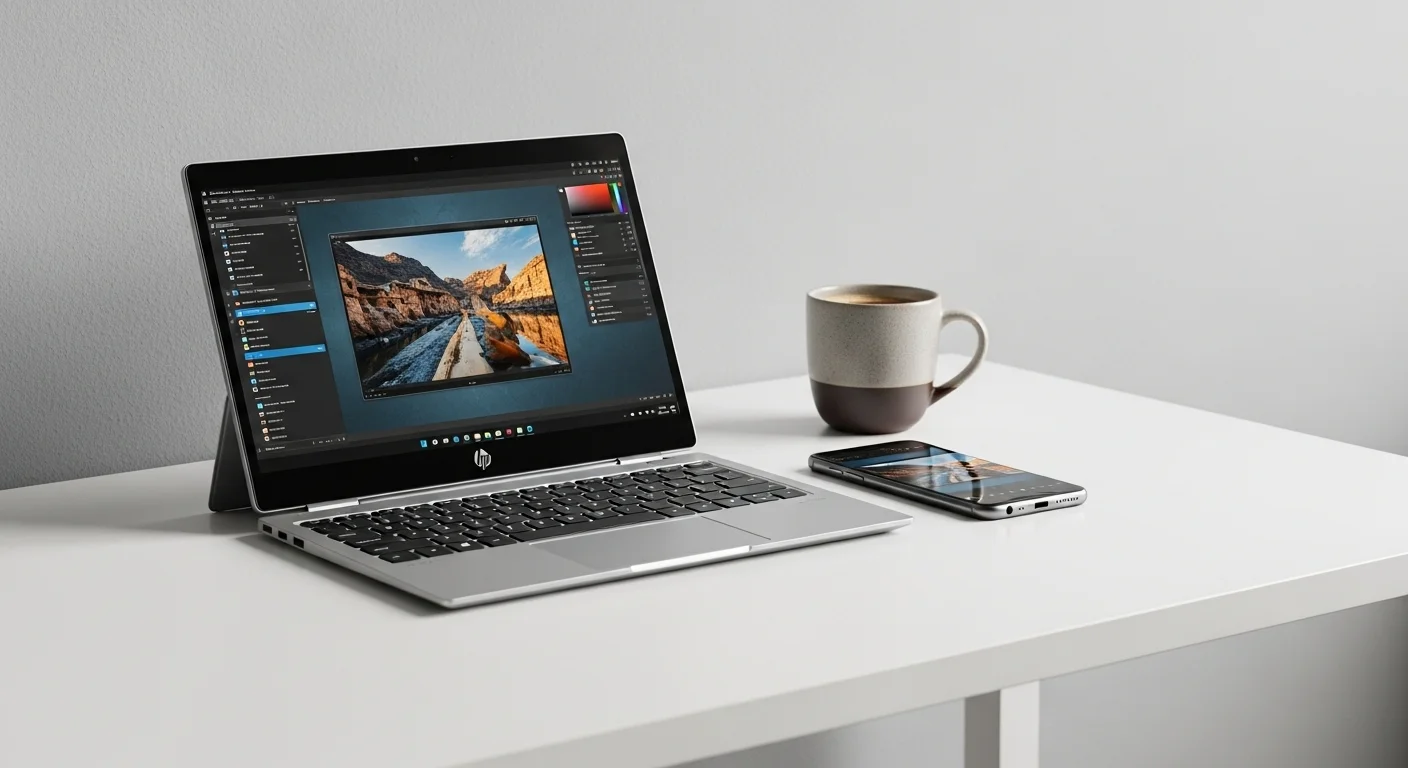Una computadora HP Elite X2 G8 en un escritorio moderno junto a un smartphone y una taza de café, mostrando su versatilidad.
