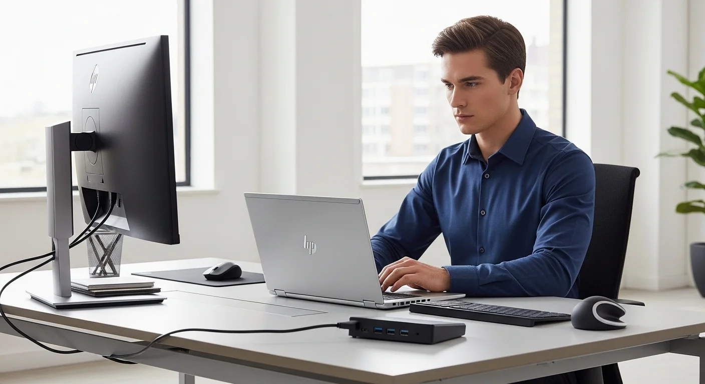 Un profesional utilizando una computadora HP EliteBook 640 G9 en un entorno de oficina moderno, conectado a un monitor externo y otros accesorios de tecnología.