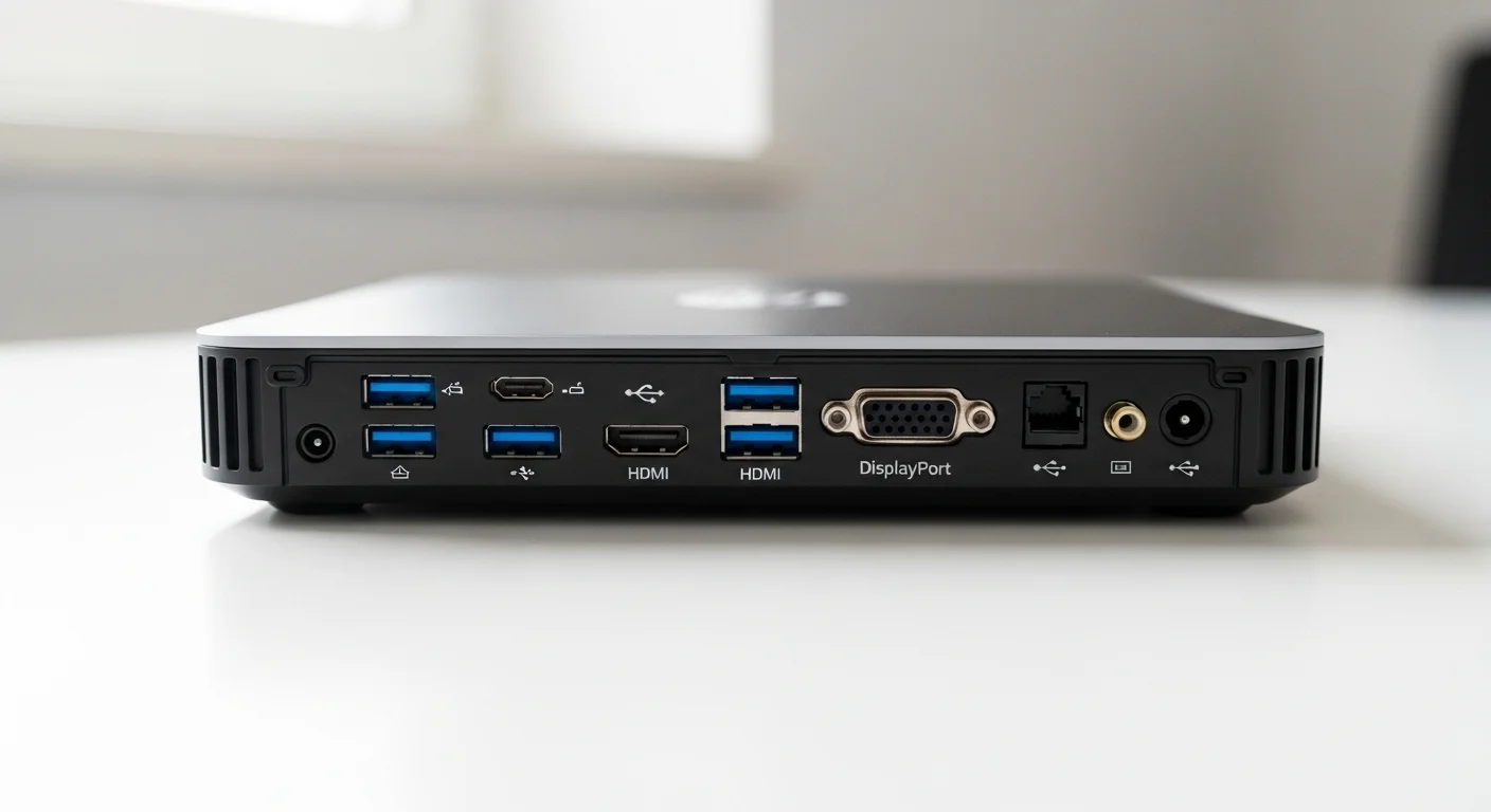 Vista detallada de los puertos traseros de un mini pc hp elitedesk 705 g4 mini, mostrando su conectividad versátil para computadoras.