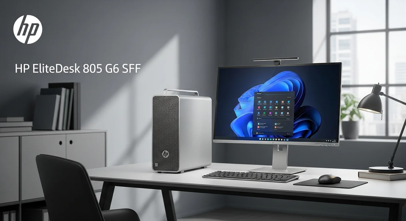 Una computadora de escritorio HP EliteDesk 805 G6 SFF en un entorno de oficina moderno, destacando su diseño compacto y profesional.