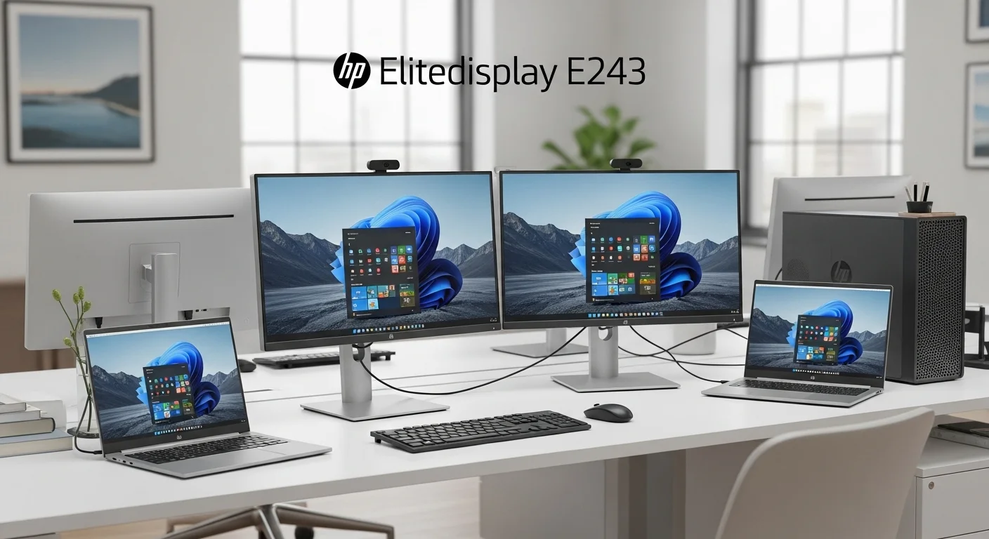 Moderno setup de oficina con múltiples monitores HP Elitedisplay E243 conectados a computadoras portátiles y de escritorio, mostrando un entorno de trabajo productivo.